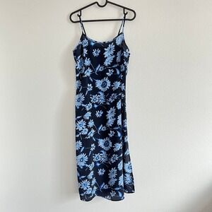 Vintage 90s Sense USA Navy Blue Floral Spaghetti Strap Midi Slip Dress S Fairy